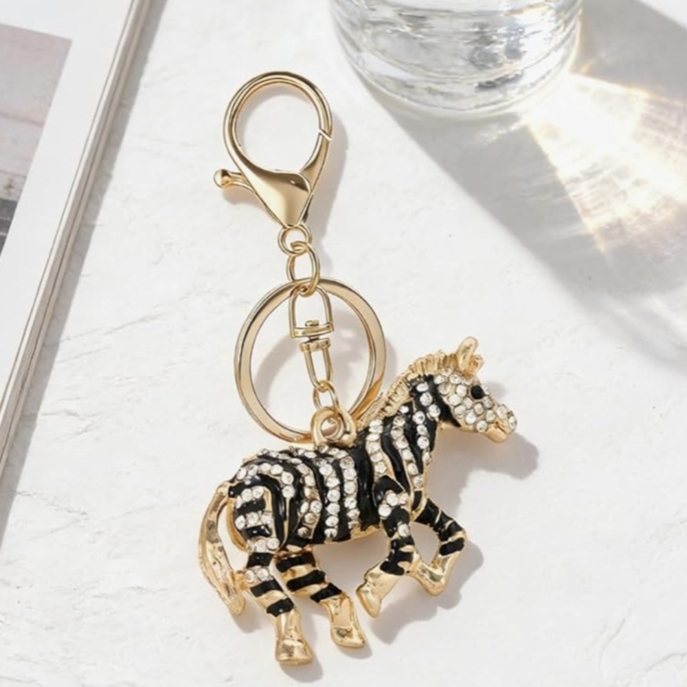 Zebra Keychain Charm with Gold Accents - Elegant Accessory For Bags And Keys